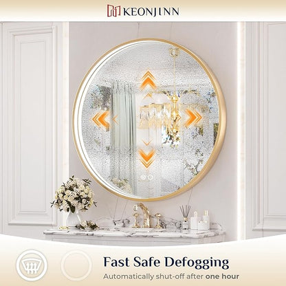 Keonjinn 32 Round LED Mirror for Bathroom with Lights, 3 Color Lights Gold Metal Framed Frontlit, Circular Wall Vanity Mirror Dimmable Makeup Mirror Anti Fog UL Listed CRI≥90