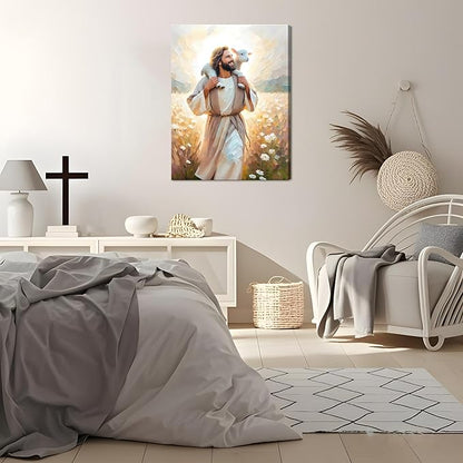 Jesus Canvas Wall Art Print – Christian Wall Decor Poster Painting of Jesus Carrying the Lamb, Inspirational Religious Decor for Living Room, Church or Prayer Room – 12"x16" Framed