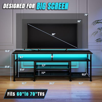 Korfile TV Stand for 60/65/70 inch TV, 63 in Gaming Entertainment Center with LED Lights and Power Outlets, TV Console Table with Open Shelves for Living Room and Bedroom, Black