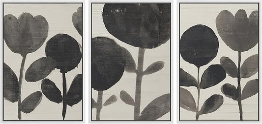 SIGNLEADER Framed Canvas Print Wall Art Set Black Ink Floral Silhouette Neutral Illustrations Minimal Decorative Bohemian Nordic for Living Room, Bedroom, Office - 16"x24"x3 WHITE