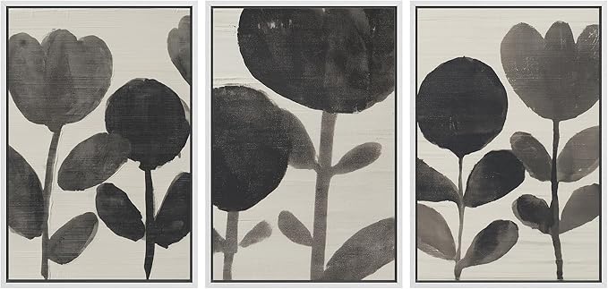 SIGNLEADER Framed Canvas Print Wall Art Set Black Ink Floral Silhouette Neutral Illustrations Minimal Decorative Bohemian Nordic for Living Room, Bedroom, Office - 24"x36"x3 WHITE