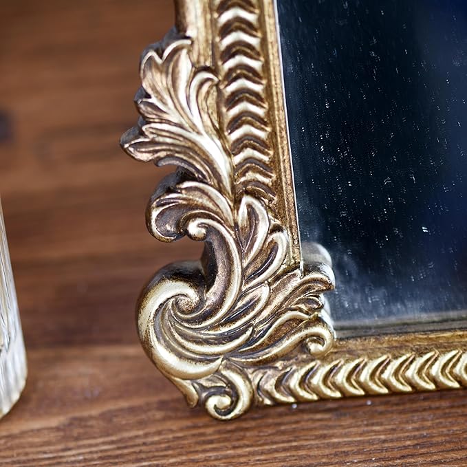 Antique Arched Mirror for Vanity with Resin Frame -Small Size (9.5 x 11.6 inch) Standing Mirror for Living Room, Bedroom, Tabletop-Vintage Gold