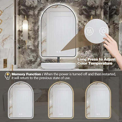 Niccy Arched LED Lighted Bathroom Mirror, 48x30 Inch Backlit Vanity Bathroom Mirror with Lights Brushed Black Framed Wall Mounted Mirrors with 3 Color Shatterproof Arch Smart Fog Free Mirror