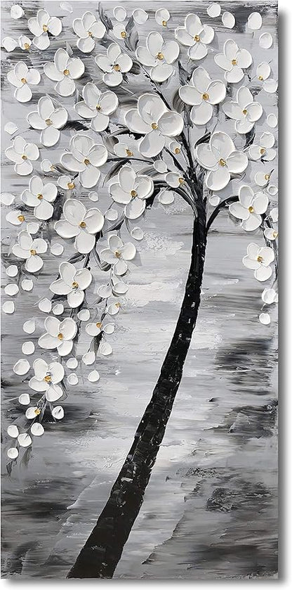 Yihui Arts Hand-Painted Textured White Blossom Tree Art on Canvas, Grey & Black Toned Floral Painting for Modern Home Decor, Unique Thick Textured Petals Wall Art