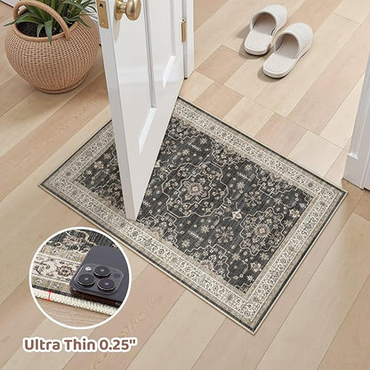 Area Rug for Living Room - 2x3 Soft Washable Oriental Vintage Floral Distressed Large Carpet - Fade Stain Resistant Non Slip Rugs for Bedroom Dining Room Nursery Dorm Office Home Decor - Black