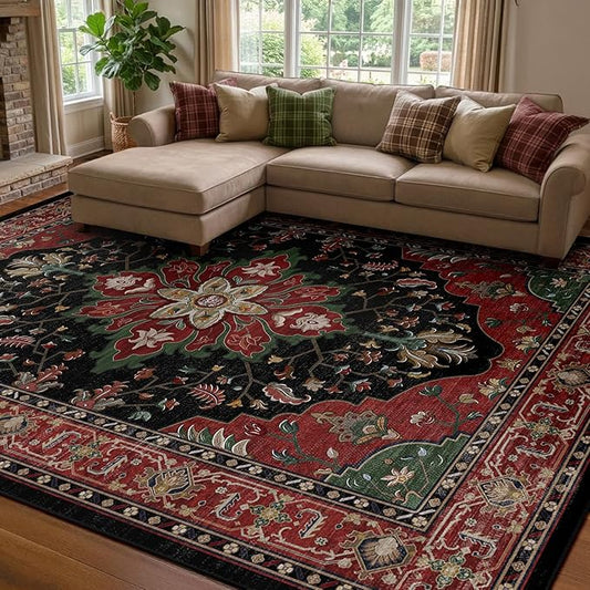 RELEANY Area Rugs 8'x10' Washable Non-Slip, Floral Vintage Distress Print Pattern Medallion Carpet for Living Room Bedroom Dining Room, Red Black
