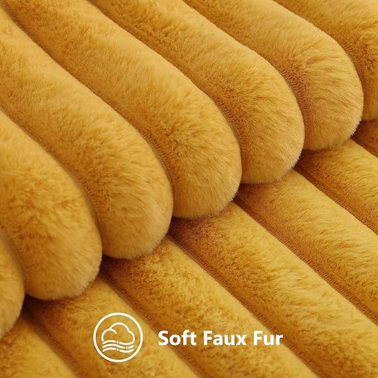decorUhome Summer Cozy Faux Fur Throw Pillow Covers 26x26 Set of 2 Decorative Plush Striped Modern Farmhouse Boho Couch Euro Sham Pillow Cases with Velvet Back for Sofa Bed Living Room, Mustard Yellow