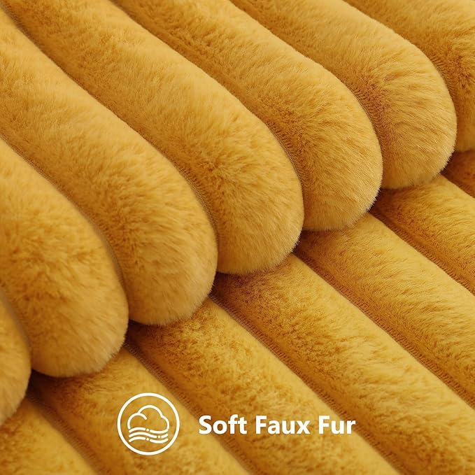decorUhome Summer Cozy Faux Fur Throw Pillow Covers 18x18 Set of 2 Decorative Soft Plush Striped Modern Farmhouse Boho Couch Pillow Cases with Velvet Back for Sofa Bed Living Room, Mustard Yellow