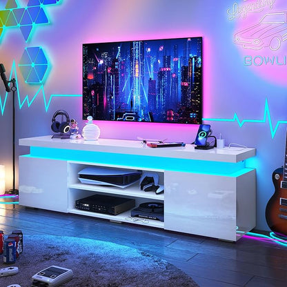 LED TV Stand for 75 Inch TV, Modern TV Stand with Power Outlet, High Gloss TV Console Entertainment Center with Storage and LED Lights for Living Room, Bedroom (66 Inch, White)
