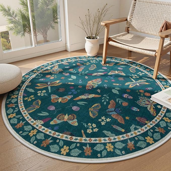 Lahome Insect Washable Round Area Rug, Soft Round Rugs 6ft Ultra-Thin Non-Slip, Boho Large Circle Carpet for Bedroom Living Room Kitchen Nursery Vionnet, Dark Green