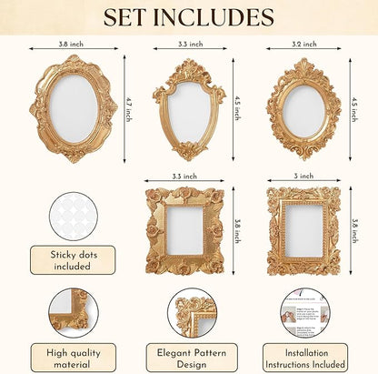 97 Decor Small Gold Picture Frames Set (No Standing & Backing) - 5 Mini Vintage Frames For Galley Wall, Assorted Gold Vintage Picture Frame Bulk, Antique Ornate Miniature Frame (Non-magnetic)