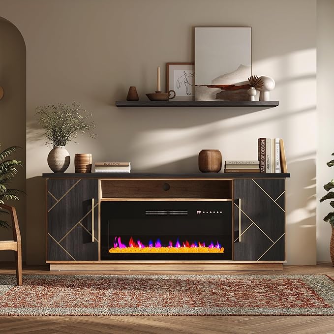 BELLEZE 68“ Fireplace TV Stand for TV's Up to 75", Elegant Entertainment Center with 36" Electric Fireplace Heater, Storage Media Console with Drawers & Open Shelves for Living Room (Espresso Black)
