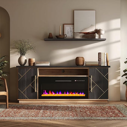 BELLEZE 68“ Fireplace TV Stand for TV's Up to 75", Elegant Entertainment Center with 36" Electric Fireplace Heater, Storage Media Console with Drawers & Open Shelves for Living Room (Espresso Black)