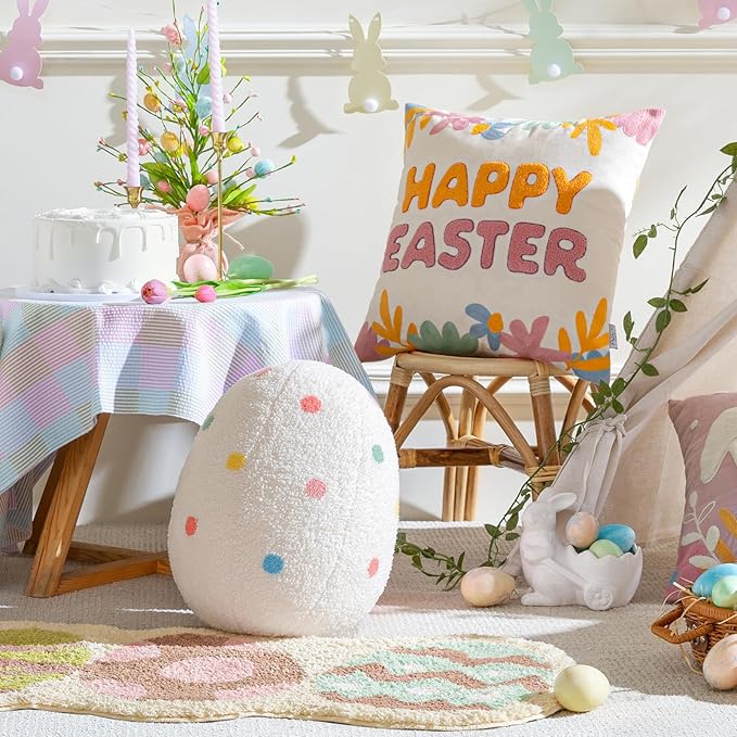 Ashler Egg Shaped Throw Pillow, Spring Home Decor, Teddy Fabric Decorative Cushion with Colorful Polka Dots Embroidery, Soft Pillow for Bedroom Living Room Couch, 14x11 in