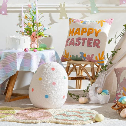 Ashler Egg Shaped Throw Pillow, Spring Home Decor, Teddy Fabric Decorative Cushion with Colorful Polka Dots Embroidery, Soft Pillow for Bedroom Living Room Couch, 14x11 in
