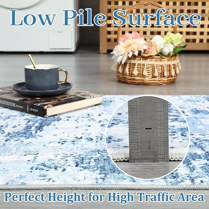 ROYHOME Modern Abstract 2x10 Runner Rug Non Slip Non Shedding Low Pile Stain Resistant Rug for Hallway Kitchen Bedroom, Light Blue