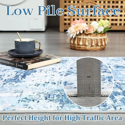 ROYHOME Modern Abstract 2x10 Runner Rug Non Slip Non Shedding Low Pile Stain Resistant Rug for Hallway Kitchen Bedroom, Light Blue