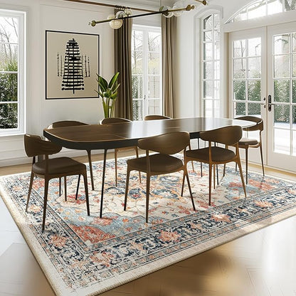 RELEANY Area Rugs 7'x9' Washable Non-Slip, Floral Vintage Distress Print Pattern Medallion Carpet for Living Room Bedroom Dining Room, Beige Navy Blue Orange Colorful