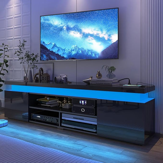 Hlivelood LED TV Stand for 85 Inch TV, Modern TV Stand with Power Outlet, High Gloss TV Console Entertainment Center with Storage and LED Lights for Living Room, Bedroom (73 Inch, Black)