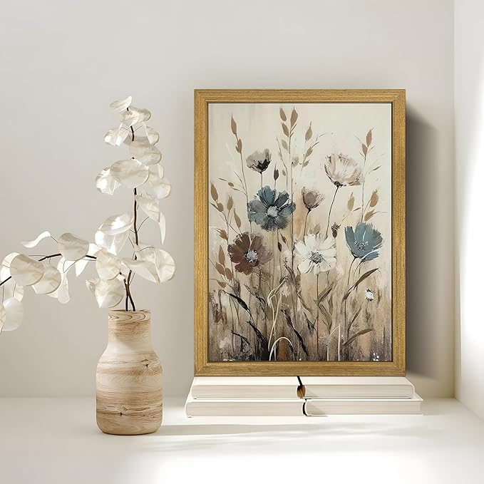 Yaneiro Wood Framed Vintage Wildflower Wall Art, Boho Canvas Wall Decor Paintings, Sage Flower Bathroom Decor, Countryside Farmhouse Landscape Posters Print for Bedroom Hallway Living Room 8x10 Inch
