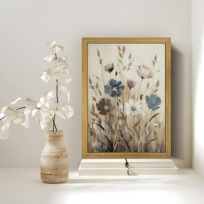 Yaneiro Wood Framed Vintage Wildflower Wall Art, Boho Canvas Wall Decor Paintings, Sage Flower Bathroom Decor, Countryside Farmhouse Landscape Posters Print for Bedroom Hallway Living Room 16x24 Inch