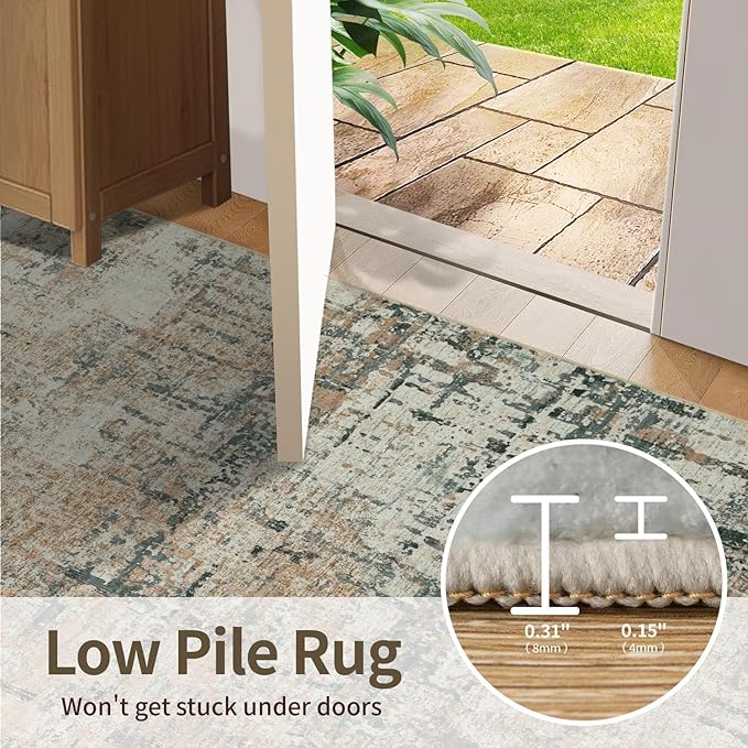Rugxara 3x5 Washable Entryway Rug, Non Slip Boho Runner Rugs for Hallway, Entrance, Kitchen, Bathroom, Laundry Room, Soft Entryway Carpet, Throw Low Pile Retro Imitation Wool Carpet, Moss