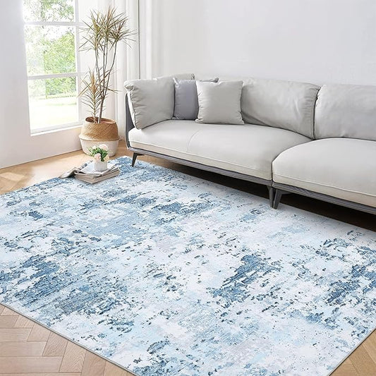 ROYHOME 9x12 Modern Abstract Accent Rug for Living Room Stain Resistant Non Slip Low Pile Accent Bedroom Rug Indoor Floor Cover for Office Home Decor, Blue