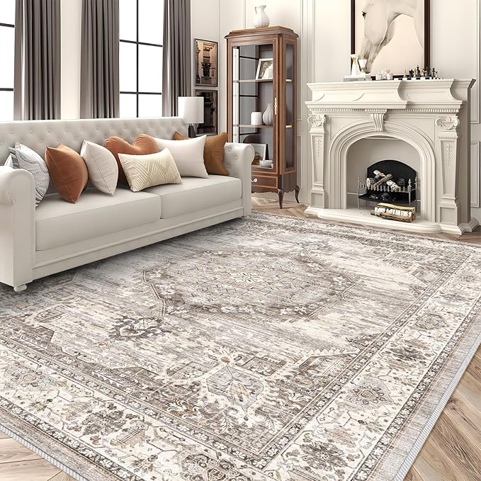 Area Rugs 9x12 Living Room：Machine Washable Rug - Soft Carpet for Bedroom - Waterproof Stain Resistant Vintage Distressed Area Rug 9'x12' Beige