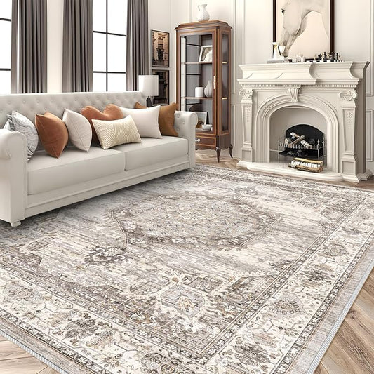 Area Rugs 9x12 Living Room：Machine Washable Rug - Soft Carpet for Bedroom - Waterproof Stain Resistant Vintage Distressed Area Rug 9'x12' Beige