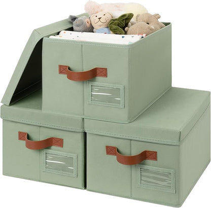 GRANNY SAYS Storage Basket with Lid, Linen Fabric Storage Bins with Label, Decorative Storage Boxes, Clothes Storage and Organization, Memory Keepsake Box, 3-Pack, Green