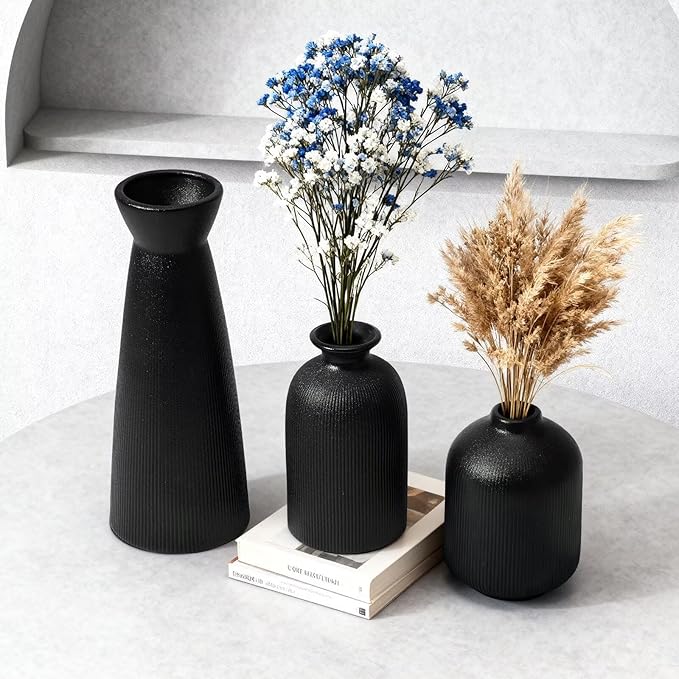 Black Ceramic Flower Vases Set of 3, Valentine's Day Gift Vases with Vertical Stripe Texture, Modern Decorative Vases for Dried Flowers, Home Decor Vases for Living Room Bedroom Kitchen Shelf