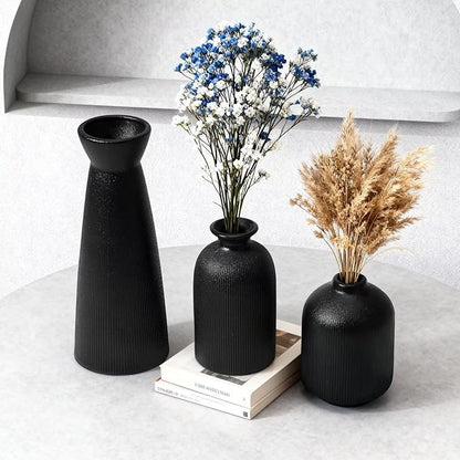 Black Ceramic Flower Vases Set of 3, Valentine's Day Gift Vases with Vertical Stripe Texture, Modern Decorative Vases for Dried Flowers, Home Decor Vases for Living Room Bedroom Kitchen Shelf