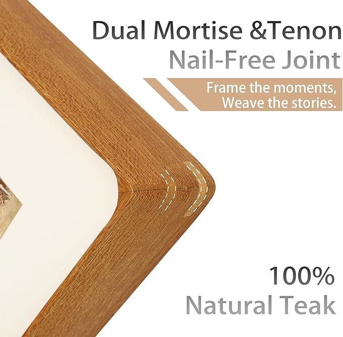 Square 8x8 Picture Frame with Mat for 4x4/6x6, Natural Teak Wood Handcrafted Rounded Corner with Real Glass, Vertical or Horizontal Display Photo Gallery Wall & Tabletop Frame