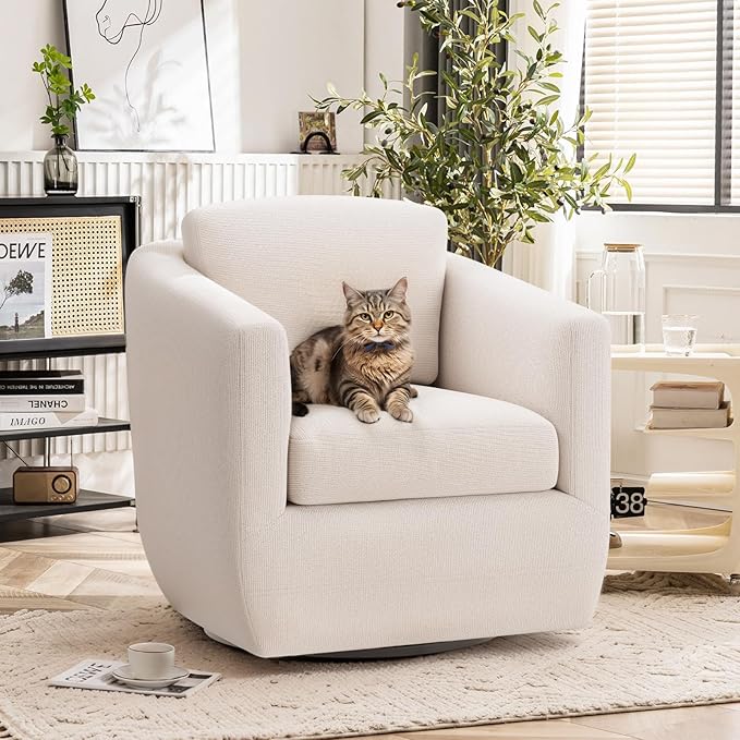 COLAMY 360° Swivel Accent Chair Set of 2 No-Sag Foam & Sturdy Metal Base, Fully Assembled Living Room Armchair with Pillow, Swivel Accent Single Sofa for Bedroom Living Room, Reading Room, Beige