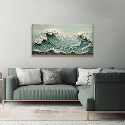 Sea Wave Abstract Wall Art Small Size Modern Green Canvas Wall Art Decor Painting Artwork Abstract Wall Decor Print Picture For Bedroom Office Home Decoration 20" X 40" With Framed