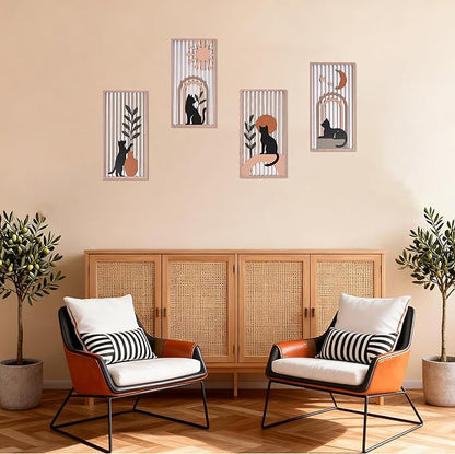 suruim Black Cat Wall Art Set of 4, Cat Wall Decor & Black Cat Decor, Mid-Century 3D Wooden Cat Art Wall Decor for Bedroom Living Room Office Boho Home Decor