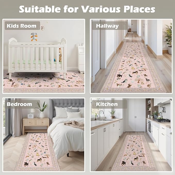 Floral Dog Runner Rug Pink Carpet Non-Slip, 2x10 Washable Rug Ultra-Thin Soft for Hallways, Kitchen Mat Stain Resistant for Entryway Bathroom (2 x 10, Pink)