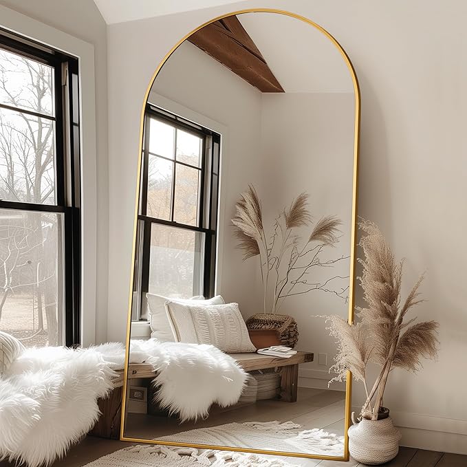 Antok Oversized Full Length Mirror with Stand, 91"x46" Arched Floor Mirror, Aluminum Frame, Wall Mounted/Leaning/Free Standing, Large Body Mirror for Bedroom Living Room Entryway Dressing Room,Gold