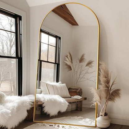 Antok Oversized Full Length Mirror with Stand, 91"x46" Arched Floor Mirror, Aluminum Frame, Wall Mounted/Leaning/Free Standing, Large Body Mirror for Bedroom Living Room Entryway Dressing Room,Gold