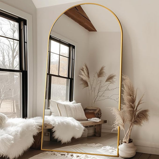 Antok Oversized Full Length Mirror with Stand, 91"x46" Arched Floor Mirror, Aluminum Frame, Wall Mounted/Leaning/Free Standing, Large Body Mirror for Bedroom Living Room Entryway Dressing Room,Gold
