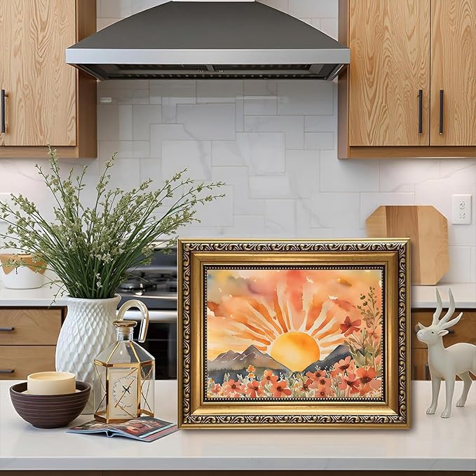 WZGZXU Gold Framed Wall Art Boho Wall Decor Sunset Canvas Art Sun Pictures Wildflower Paintings Landscape Prints Watercolor Artwork For Living Room Bedroom Office