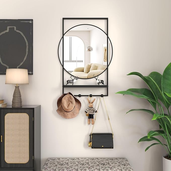 28 x20 Inch Entryway Mirror with Hooks, Bathroom Mirror with Shelf, Rectangular Frame Round Wall Mirror with Shelf and Hooks, Vanity Mirror Decorative for Wall