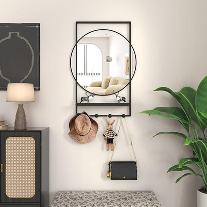 28 x20 Inch Entryway Mirror with Hooks, Bathroom Mirror with Shelf, Rectangular Frame Round Wall Mirror with Shelf and Hooks, Vanity Mirror Decorative for Wall