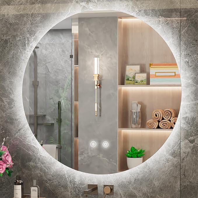 42-inch Round LED Bathroom Mirror with Light, 3 Color Temperatures (3000K/4500K/6000K), Dimmable Backlit, Anti-Fog, 5MM HD Glass, CRI 90+, Memory, Frameless