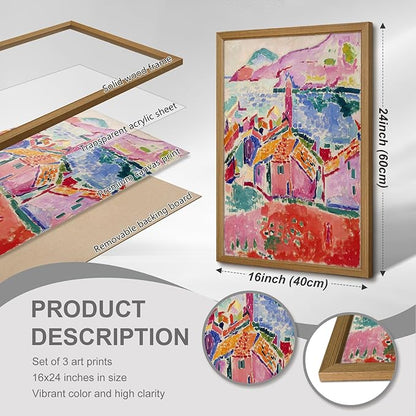 Henri Matisse Wall Art Prints Aesthetic Canvas Matisse Wall Decor Painting Colorful Matisse Wall Art Poster Boho Abstract Matisse Picture Artwork for Bedroom Living Room 16x24 Inch Framed Set of 3
