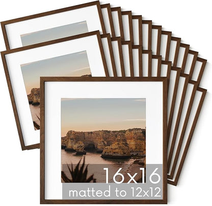 HAUS AND HUES Walnut Oak Wood 16x16 Picture Frames - Set of 25, Square Frames with Mat, Modern Frames for Posters and Wall Art (16x16 in, Walnut, Set of 25)