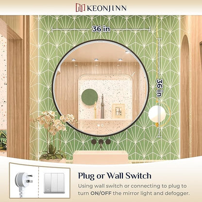 Keonjinn 36 LED Round Mirror for Vanity, 3 Color Temperature Lights 3000K/4500K/6000K Wall Mounted Bathroom, Round Mirror Black Framed Dimmable Lighted Circular Mirrors with Anti-Fog UL Listed CRI≥90