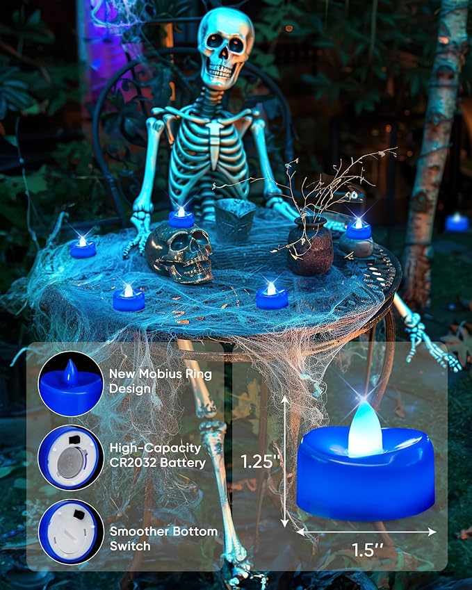 merrynights Flameless Candles, 24 Pack Tea Lights Candles Battery Operated, LED Tealight Candle, Realistic Tea Lights for Halloween Christmas Party Decor -D 1.5” x H 1.25” -Blue Candle