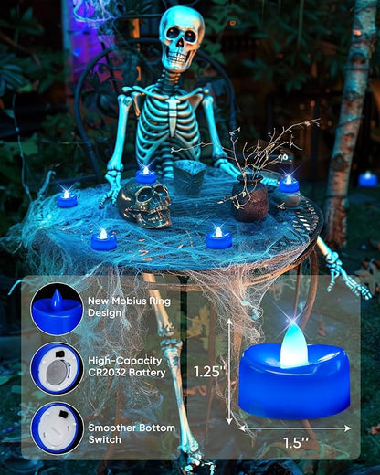 merrynights Flameless Candles, 24 Pack Tea Lights Candles Battery Operated, LED Tealight Candle, Realistic Tea Lights for Halloween Christmas Party Decor -D 1.5” x H 1.25” -Blue Candle