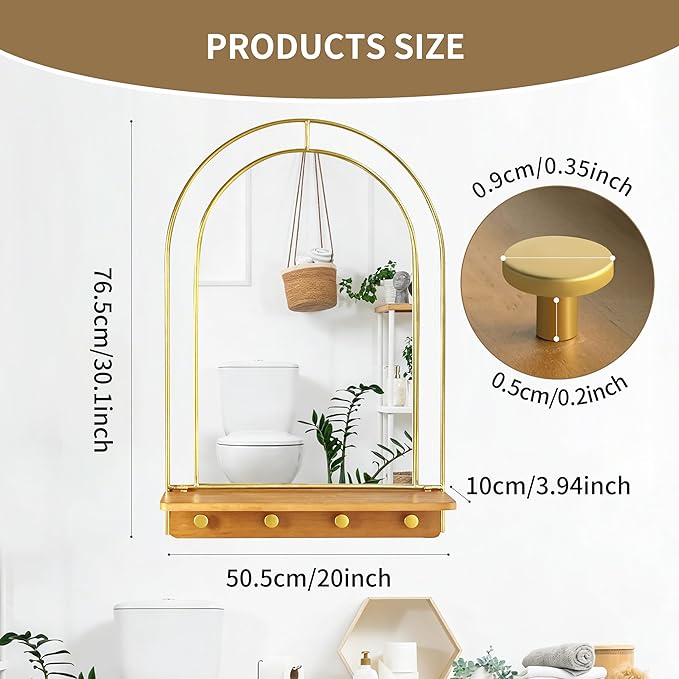 BAODANFU Gold Wall Mirror with Hooks, Arch Bathroom Mirror with Foldable Wood Shelf, 20x30 inches Arched Makeup Vanity Mirrors Decorative for Entryway, Bedroom, Dressing Room